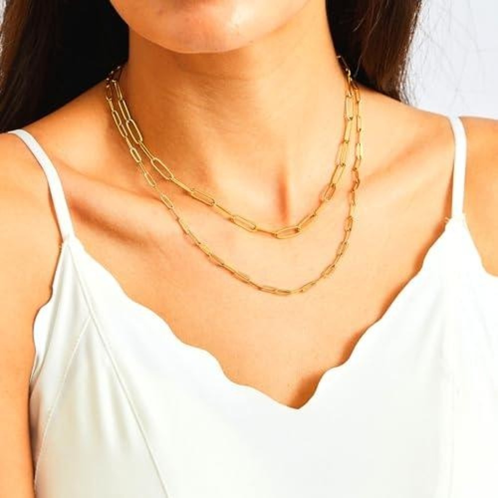 Gold Layered Paperclip Link‎ Chain Necklace Double Strand Jewelry